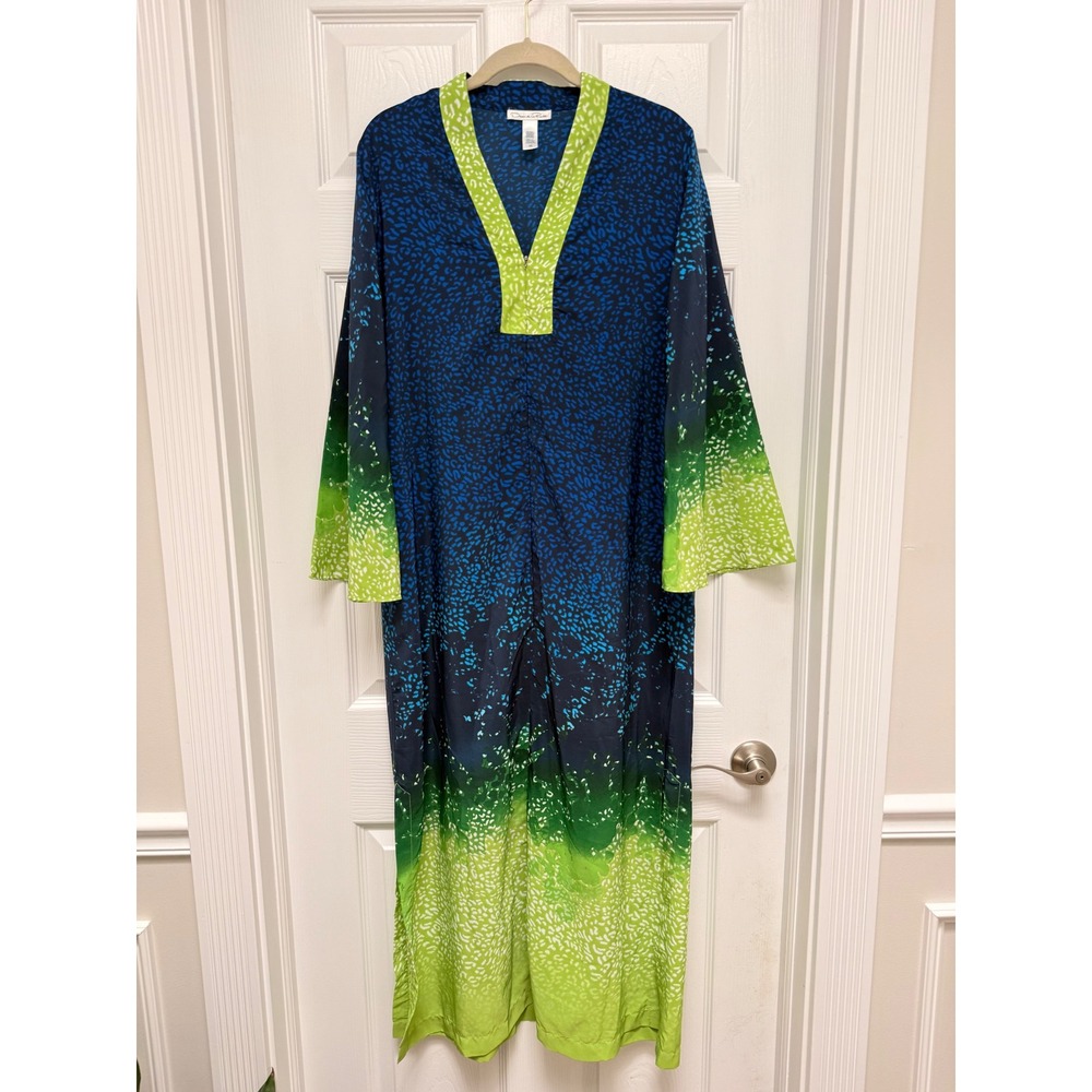 Oscar de la Renta Women Blue Black Animal‎ Print Wrap V-Neck Ombre Dress Size M